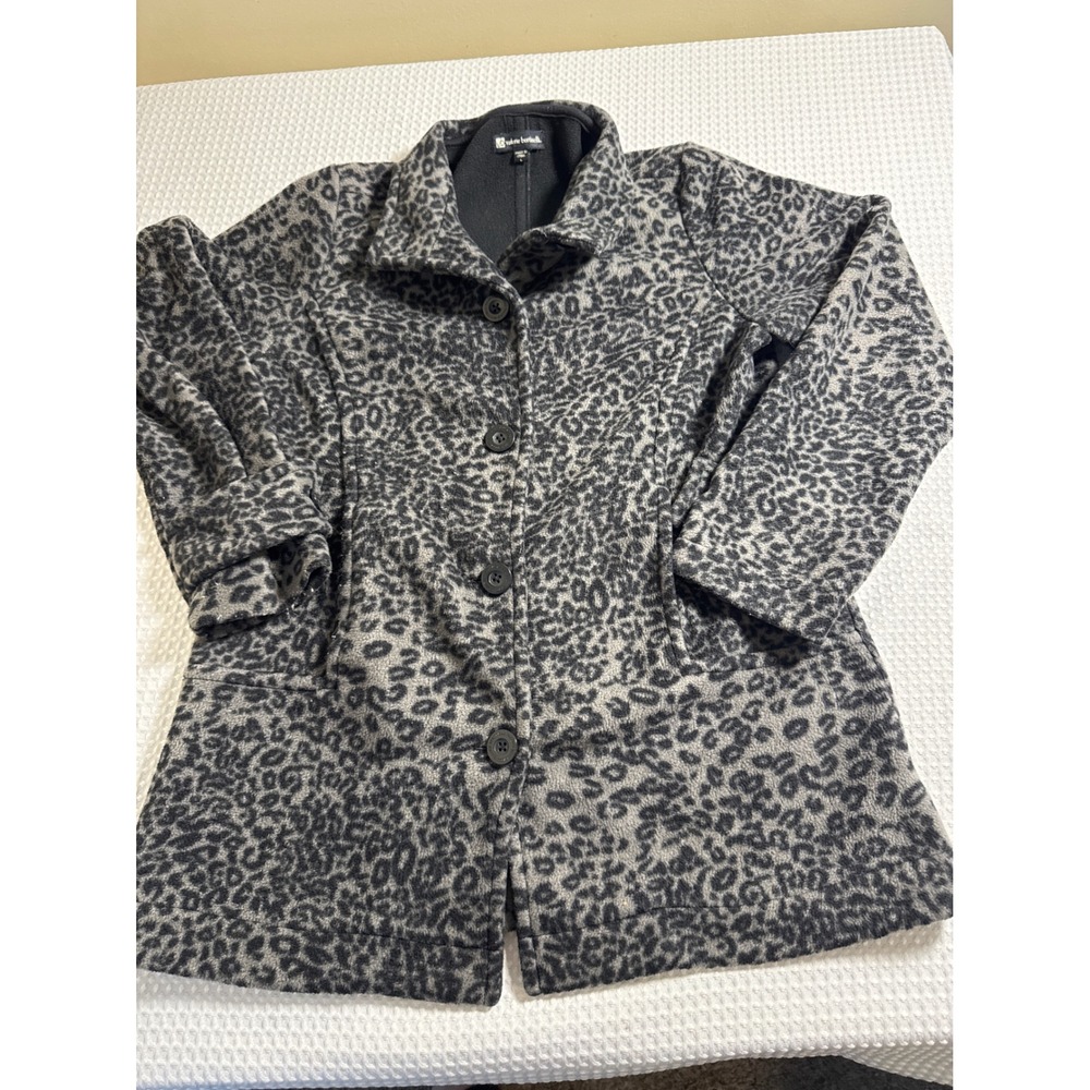 Valerie Bertinelli Fleece Jacket Women Large Leopard Grey Button Down EUC